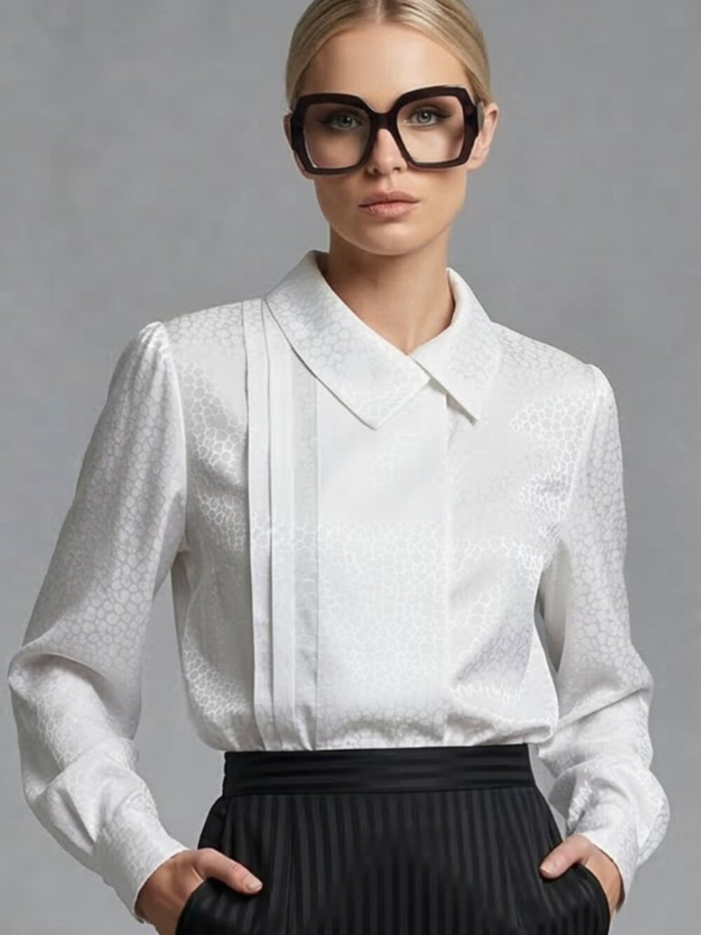 Office Siren Y2K White Animal Jacquard Old Money Blouse Minimalist